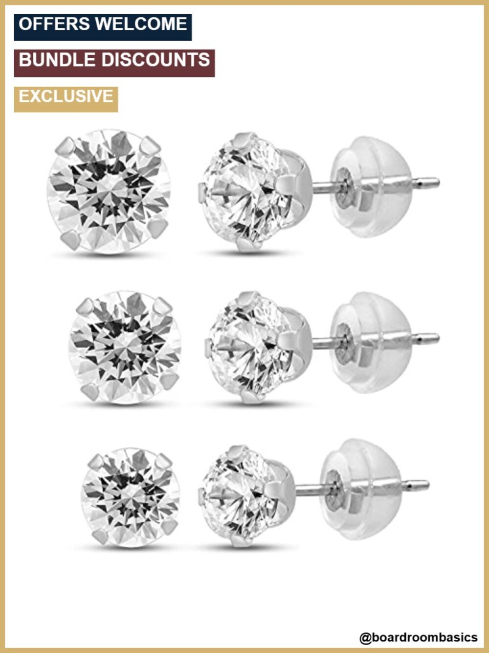 10K White Gold Cubic Zirconia Stud Earrings Set for One Ear, 3MM 4MM 5MM